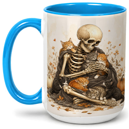 #pl[15oz|Blue] Skeleton Cat Cuddle Ceramic Mug, Autumn Kitten Pumpkin Artwork