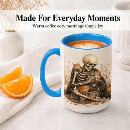 #pl[15oz|Blue] Skeleton Cat Cuddle Ceramic Mug, Autumn Kitten Pumpkin Artwork