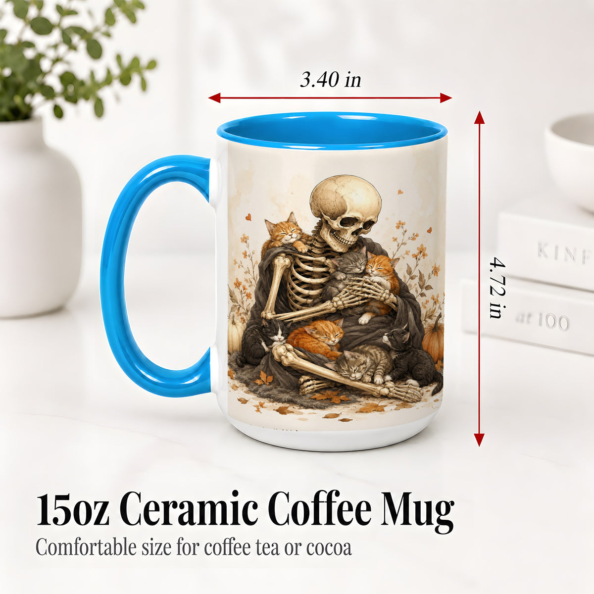 #pl[15oz|Blue] Skeleton Cat Cuddle Ceramic Mug, Autumn Kitten Pumpkin Artwork