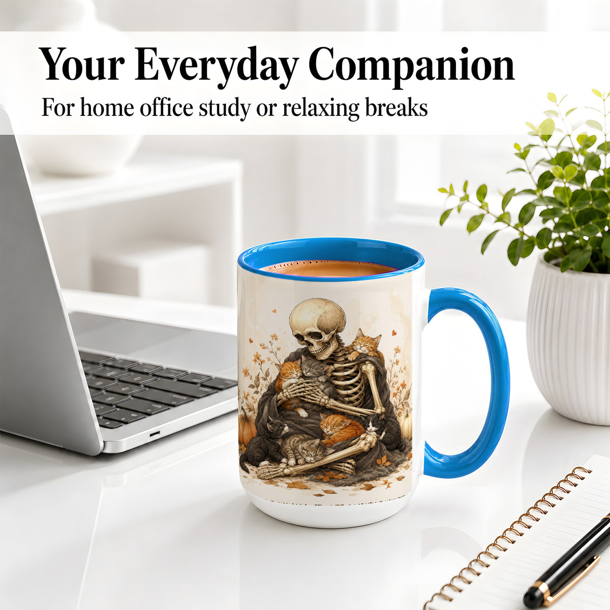 #pl[15oz|Blue] Skeleton Cat Cuddle Ceramic Mug, Autumn Kitten Pumpkin Artwork