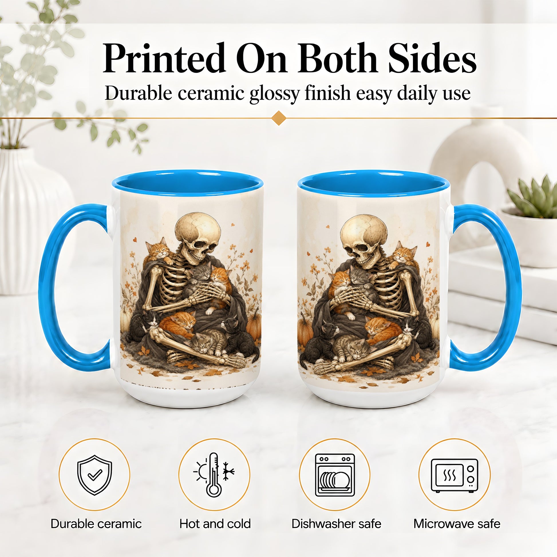#pl[15oz|Blue] Skeleton Cat Cuddle Ceramic Mug, Autumn Kitten Pumpkin Artwork