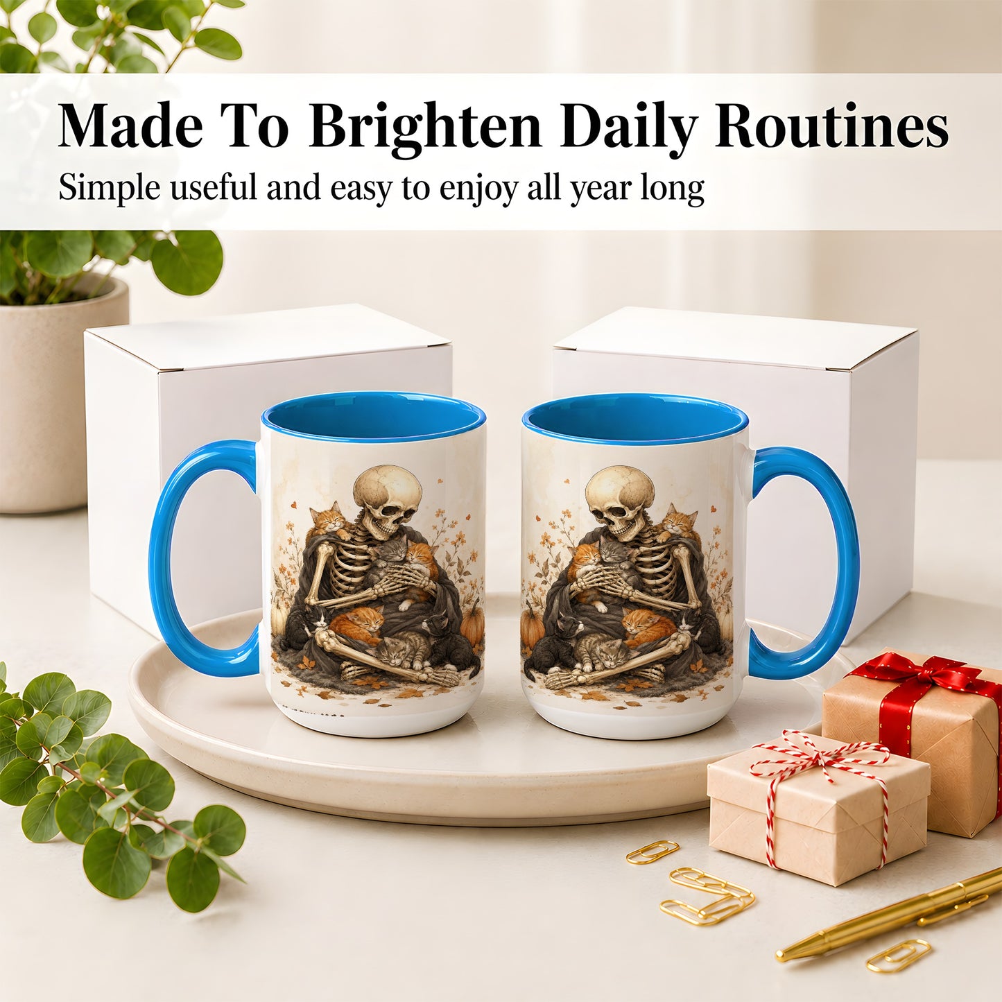 #pl[15oz|Blue] Skeleton Cat Cuddle Ceramic Mug, Autumn Kitten Pumpkin Artwork