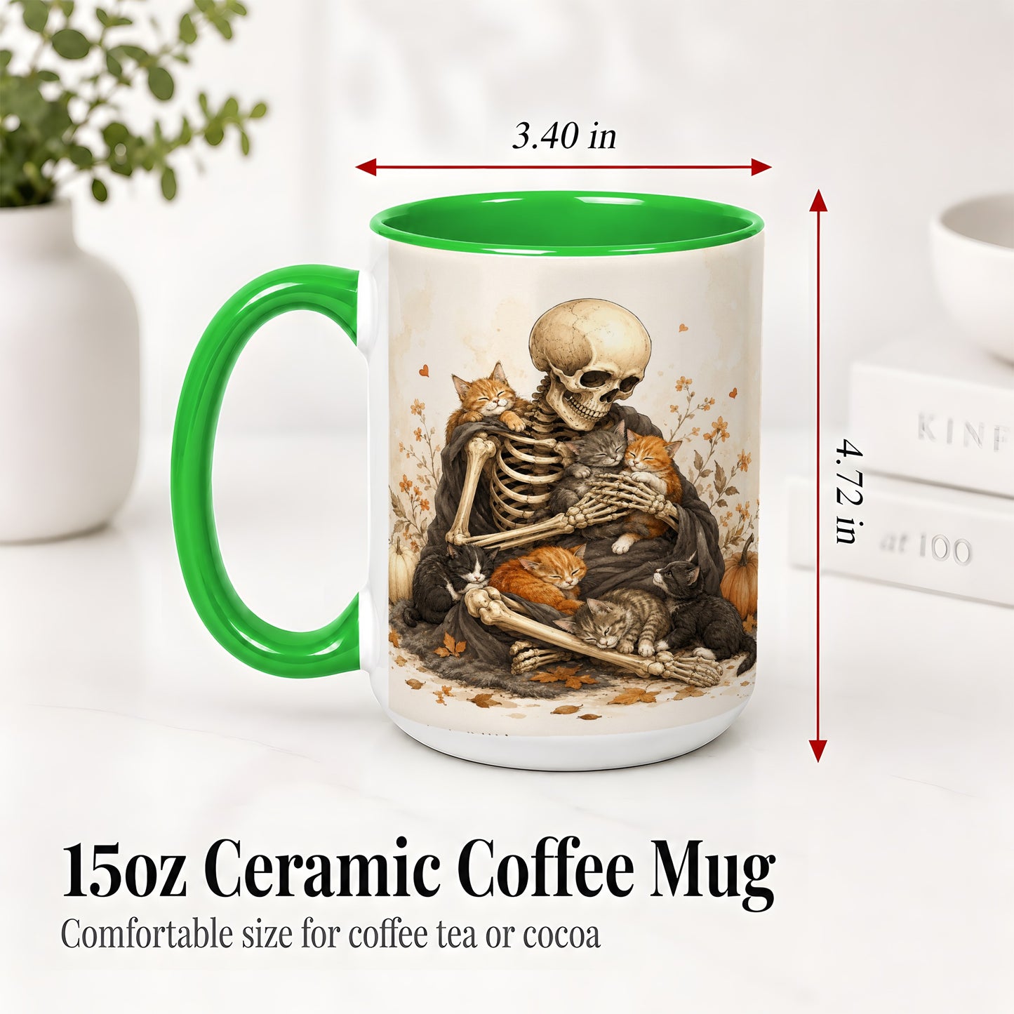 #pl[15oz|Green] Skeleton Cat Cuddle Ceramic Mug, Autumn Kitten Pumpkin Artwork