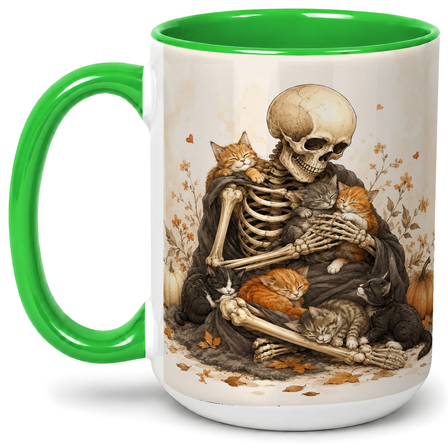 #pl[15oz|Green] Skeleton Cat Cuddle Ceramic Mug, Autumn Kitten Pumpkin Artwork