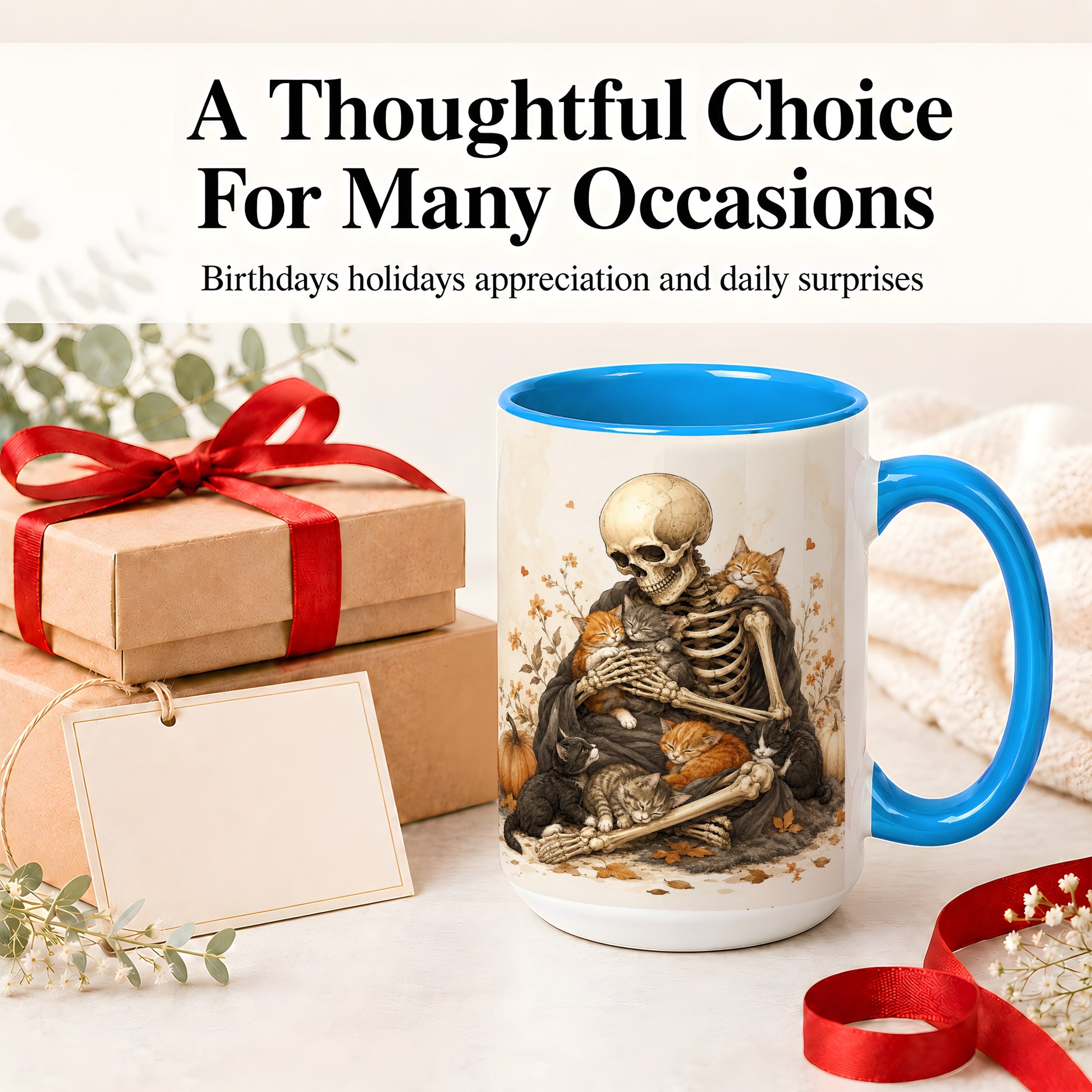 #pl[15oz|Blue] Skeleton Cat Cuddle Ceramic Mug, Autumn Kitten Pumpkin Artwork