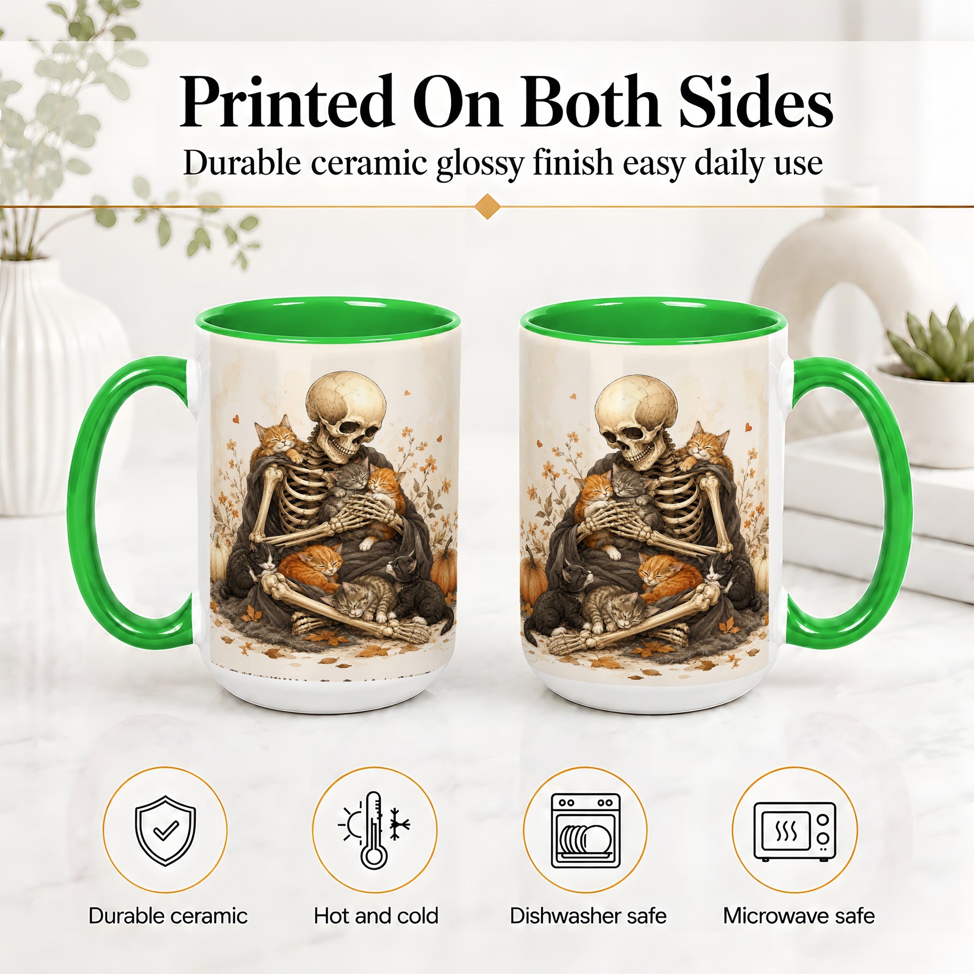 #pl[15oz|Green] Skeleton Cat Cuddle Ceramic Mug, Autumn Kitten Pumpkin Artwork
