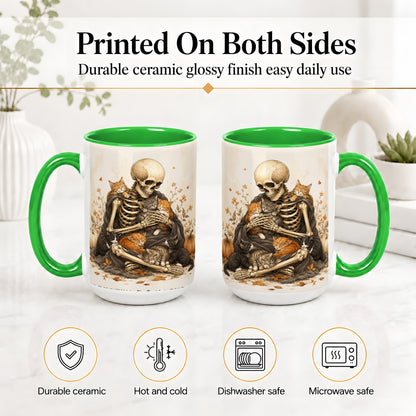 #pl[15oz|Green] Skeleton Cat Cuddle Ceramic Mug, Autumn Kitten Pumpkin Artwork