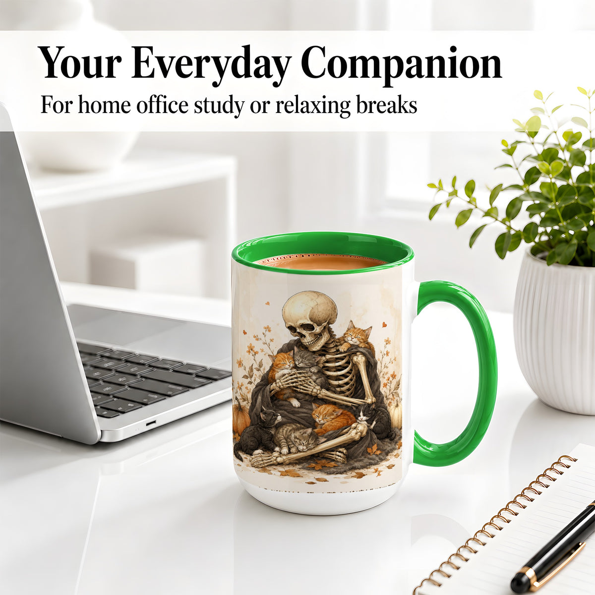 #pl[15oz|Green] Skeleton Cat Cuddle Ceramic Mug, Autumn Kitten Pumpkin Artwork
