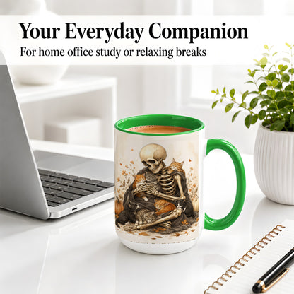#pl[15oz|Green] Skeleton Cat Cuddle Ceramic Mug, Autumn Kitten Pumpkin Artwork