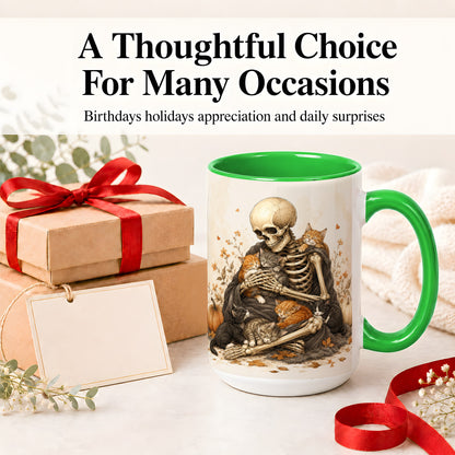 #pl[15oz|Green] Skeleton Cat Cuddle Ceramic Mug, Autumn Kitten Pumpkin Artwork