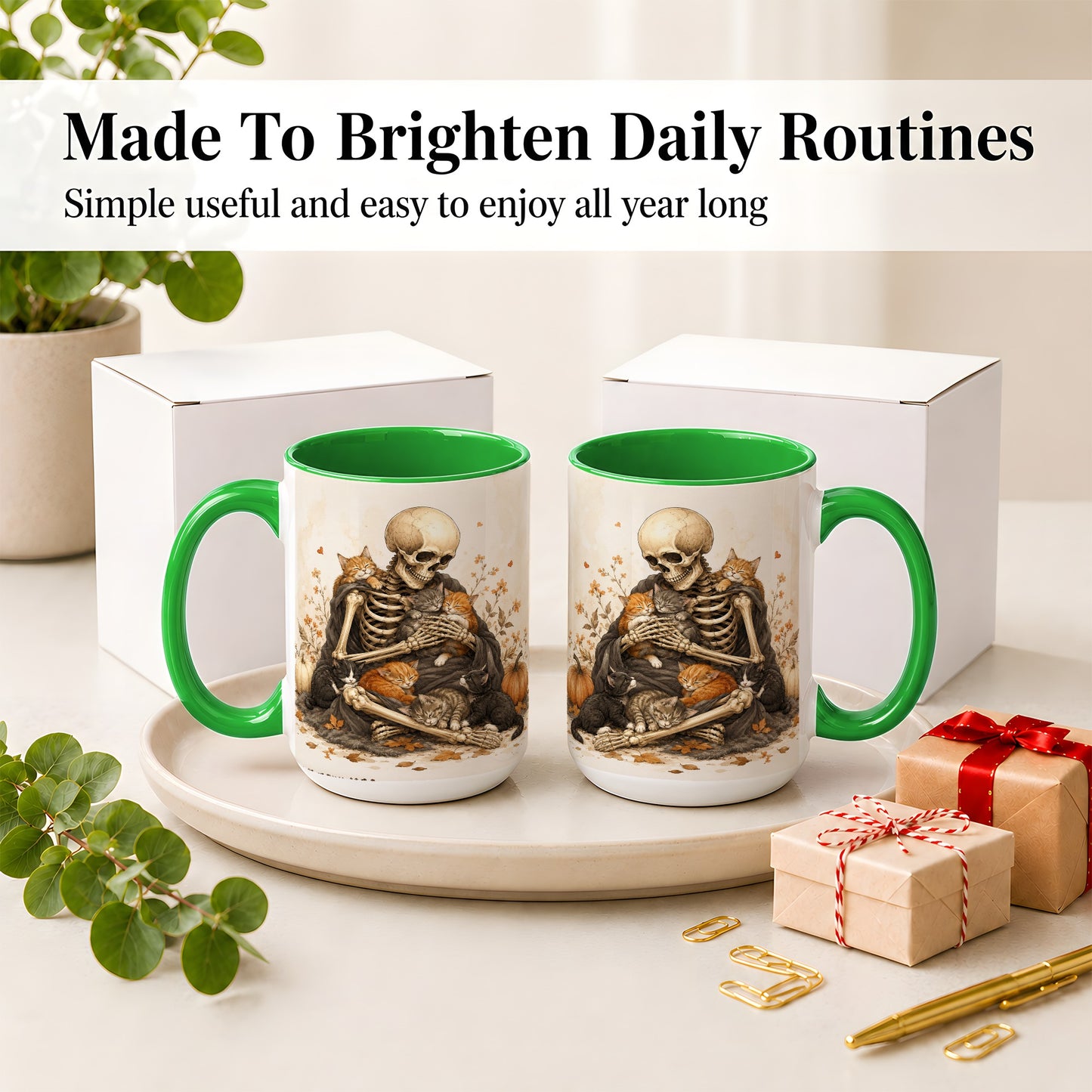 #pl[15oz|Green] Skeleton Cat Cuddle Ceramic Mug, Autumn Kitten Pumpkin Artwork