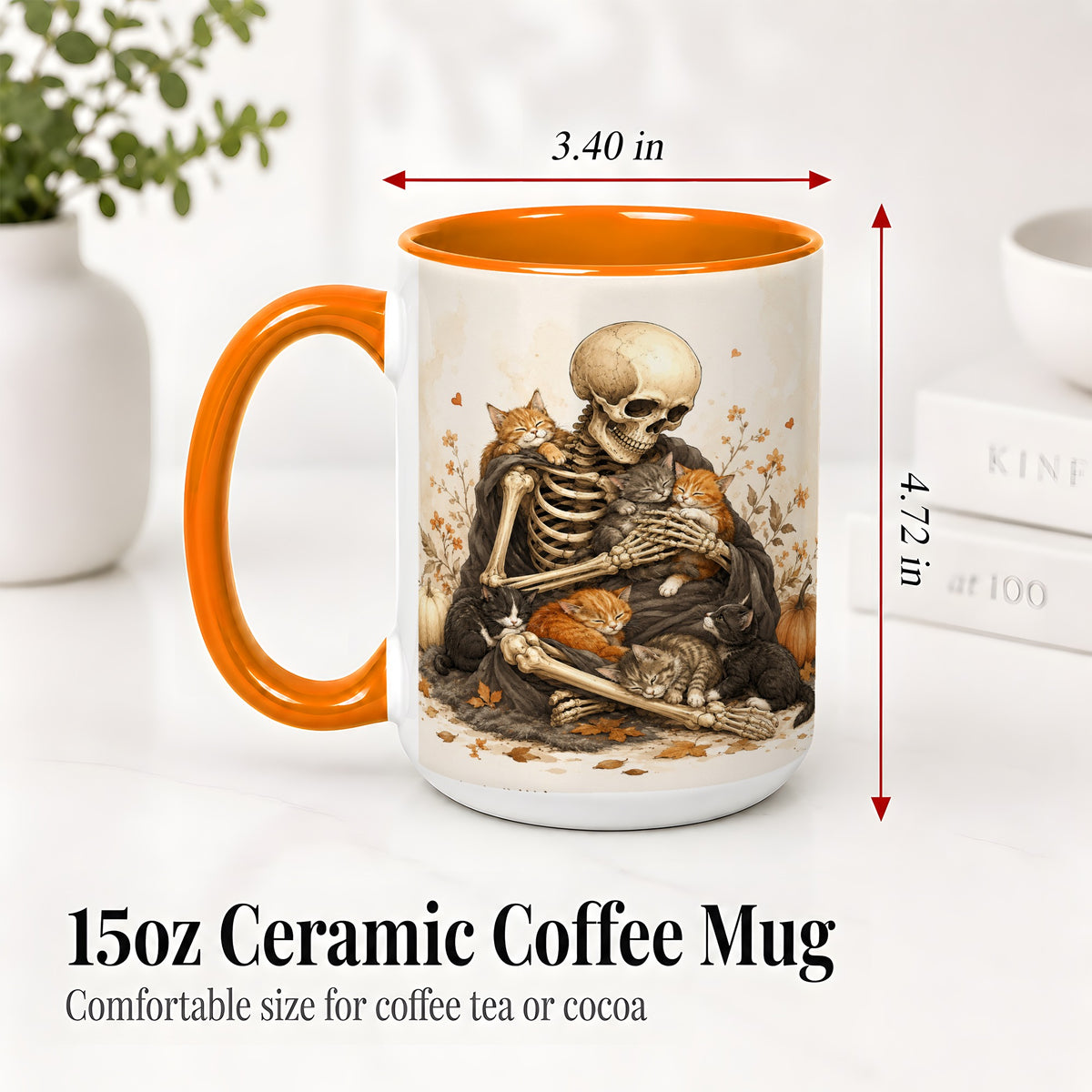 #pl[15oz|Orange] Skeleton Cat Cuddle Ceramic Mug, Autumn Kitten Pumpkin Artwork