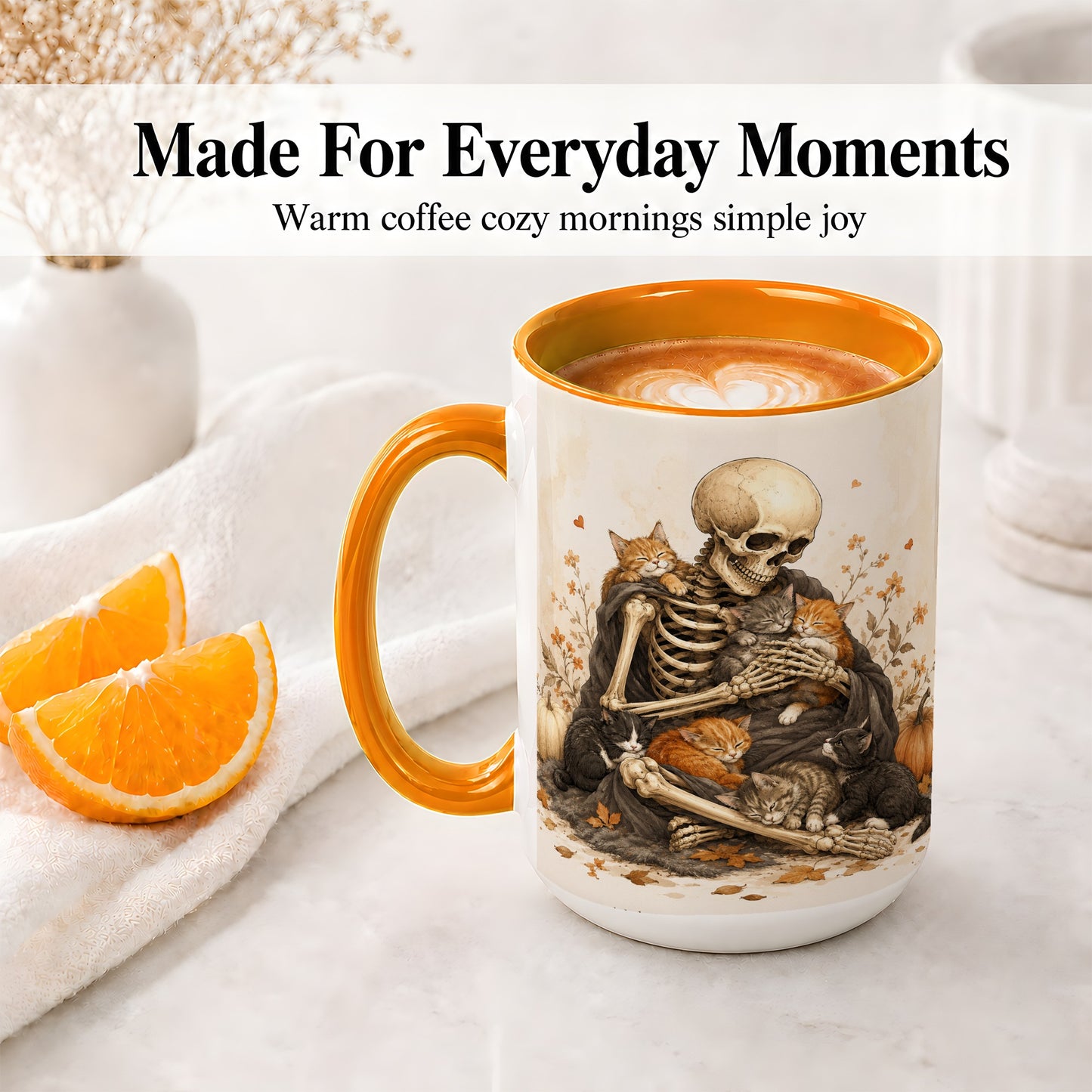 #pl[15oz|Orange] Skeleton Cat Cuddle Ceramic Mug, Autumn Kitten Pumpkin Artwork