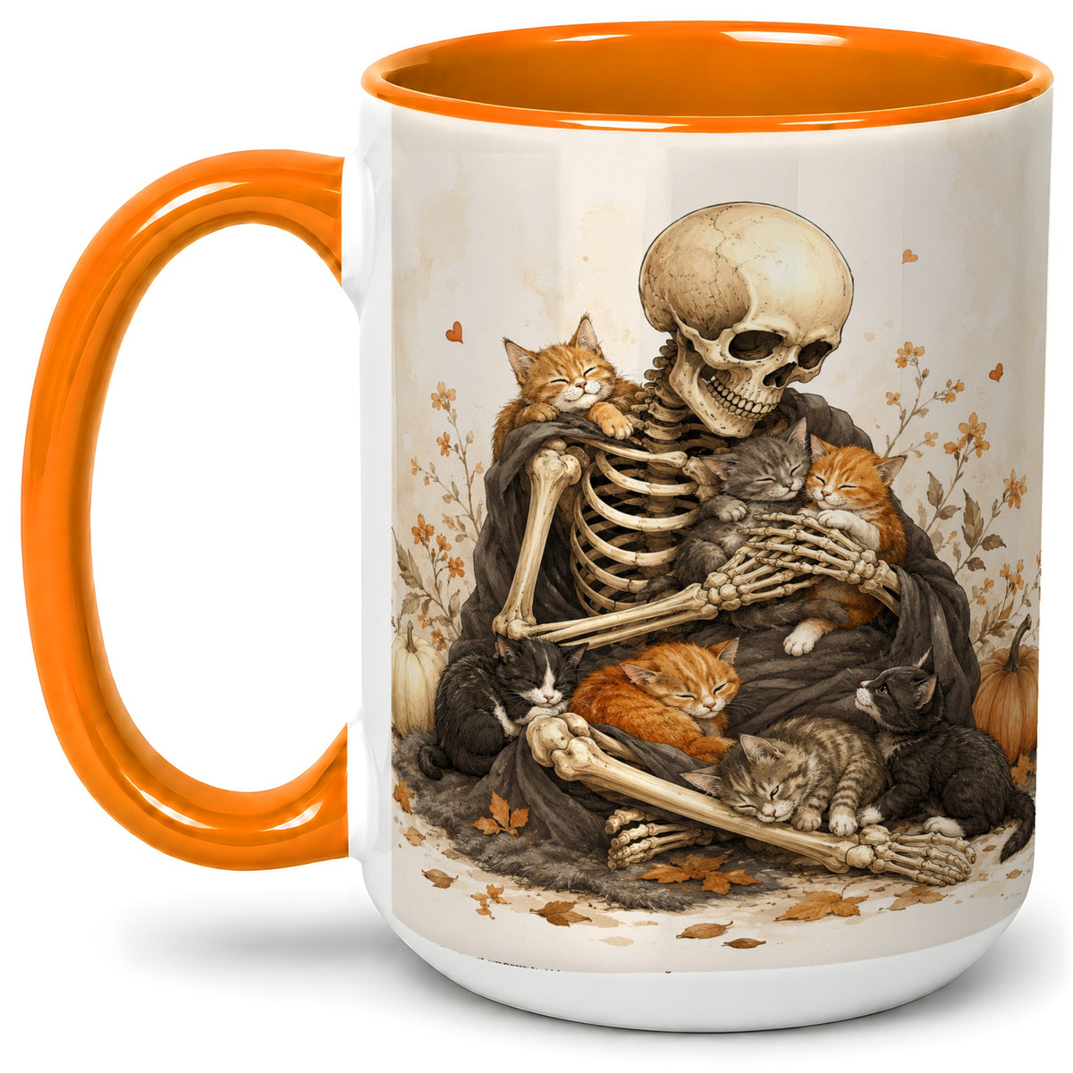 #pl[15oz|Orange] Skeleton Cat Cuddle Ceramic Mug, Autumn Kitten Pumpkin Artwork