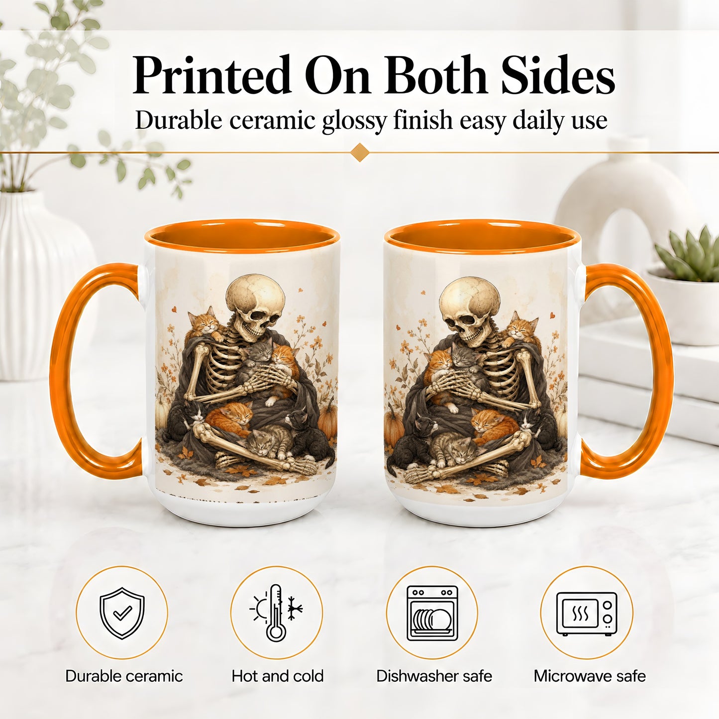 #pl[15oz|Orange] Skeleton Cat Cuddle Ceramic Mug, Autumn Kitten Pumpkin Artwork