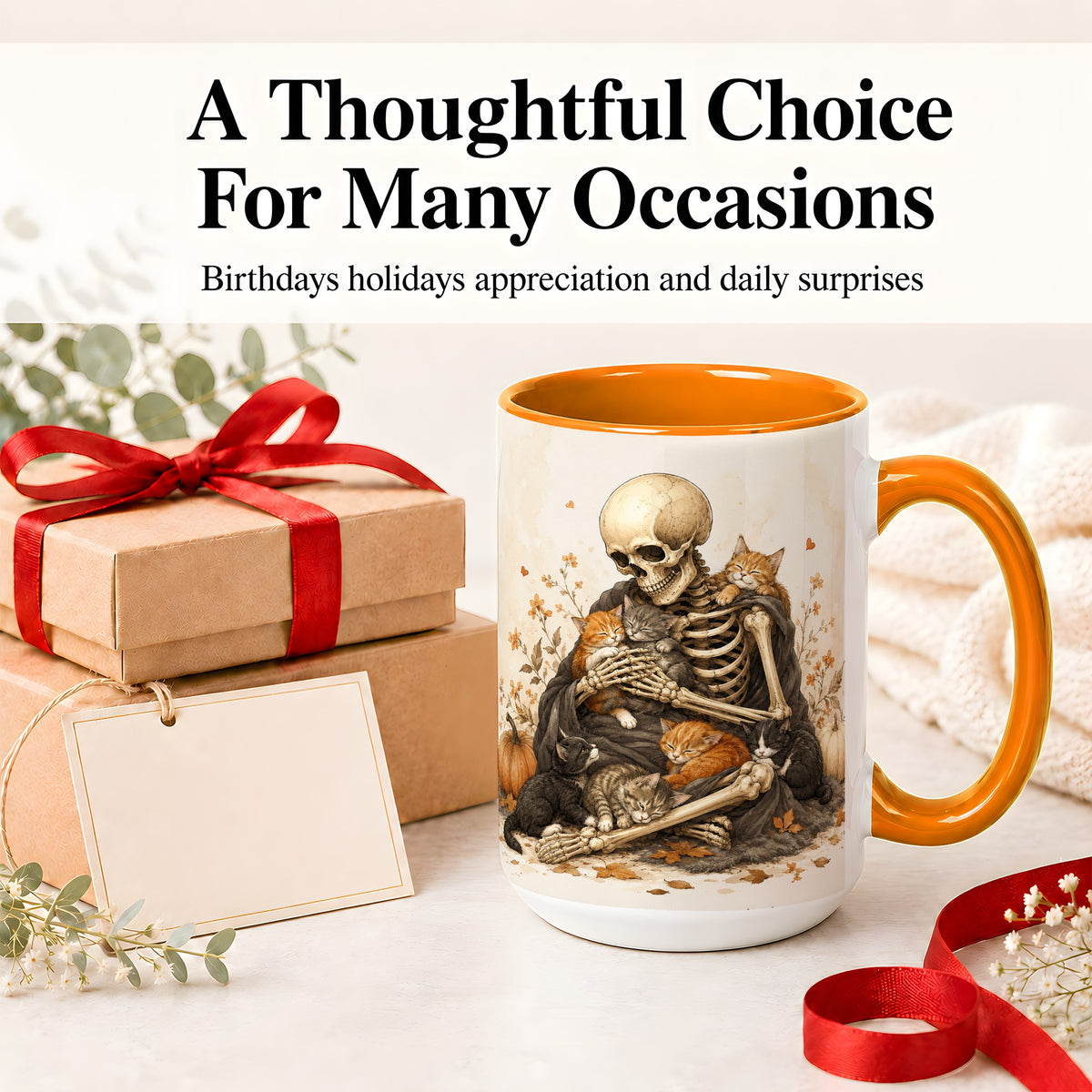 #pl[15oz|Orange] Skeleton Cat Cuddle Ceramic Mug, Autumn Kitten Pumpkin Artwork