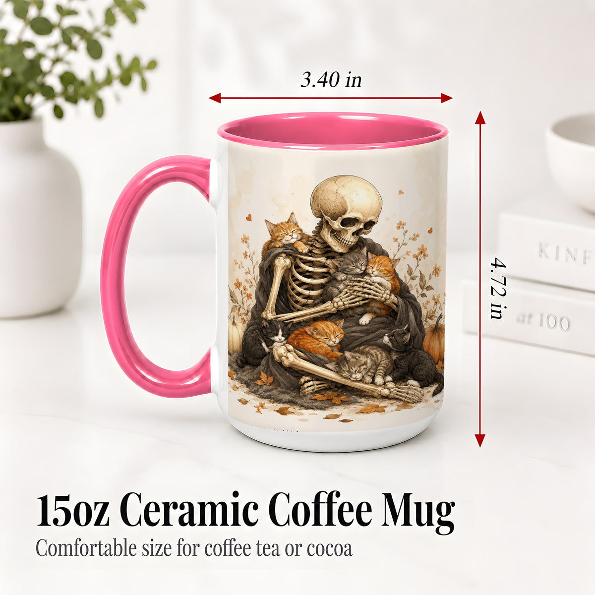 #pl[15oz|Pink] Skeleton Cat Cuddle Ceramic Mug, Autumn Kitten Pumpkin Artwork