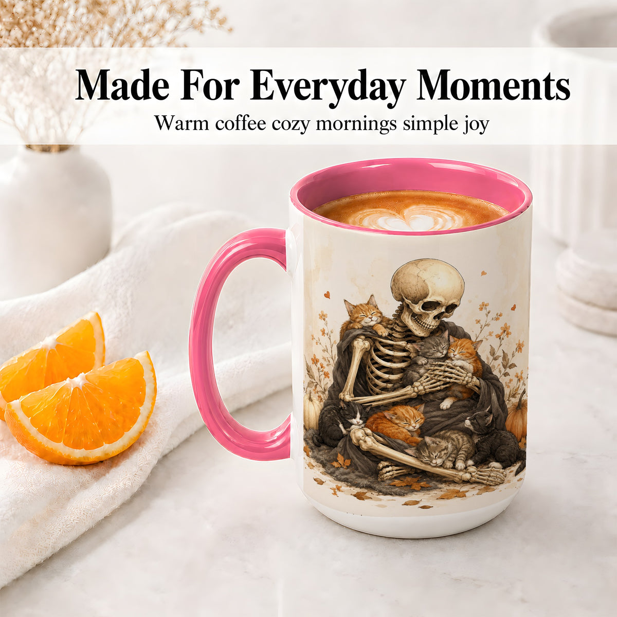 #pl[15oz|Pink] Skeleton Cat Cuddle Ceramic Mug, Autumn Kitten Pumpkin Artwork