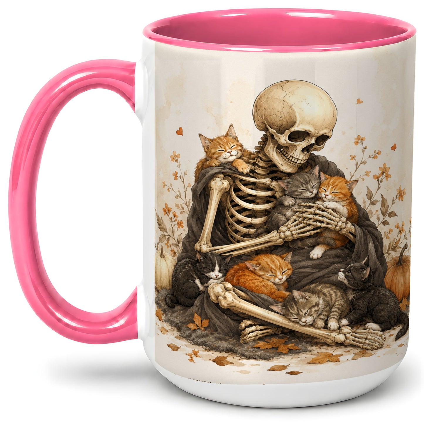 #pl[15oz|Pink] Skeleton Cat Cuddle Ceramic Mug, Autumn Kitten Pumpkin Artwork