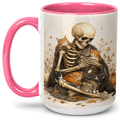 #pl[15oz|Pink] Skeleton Cat Cuddle Ceramic Mug, Autumn Kitten Pumpkin Artwork