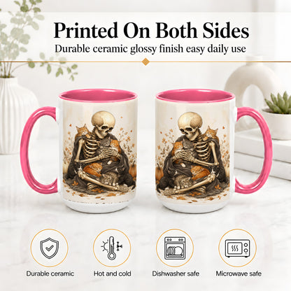 #pl[15oz|Pink] Skeleton Cat Cuddle Ceramic Mug, Autumn Kitten Pumpkin Artwork