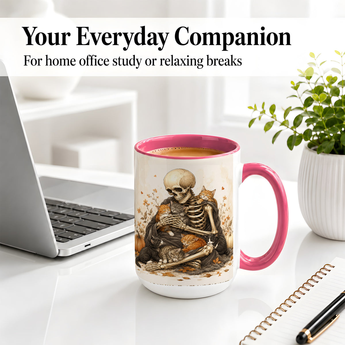 #pl[15oz|Pink] Skeleton Cat Cuddle Ceramic Mug, Autumn Kitten Pumpkin Artwork