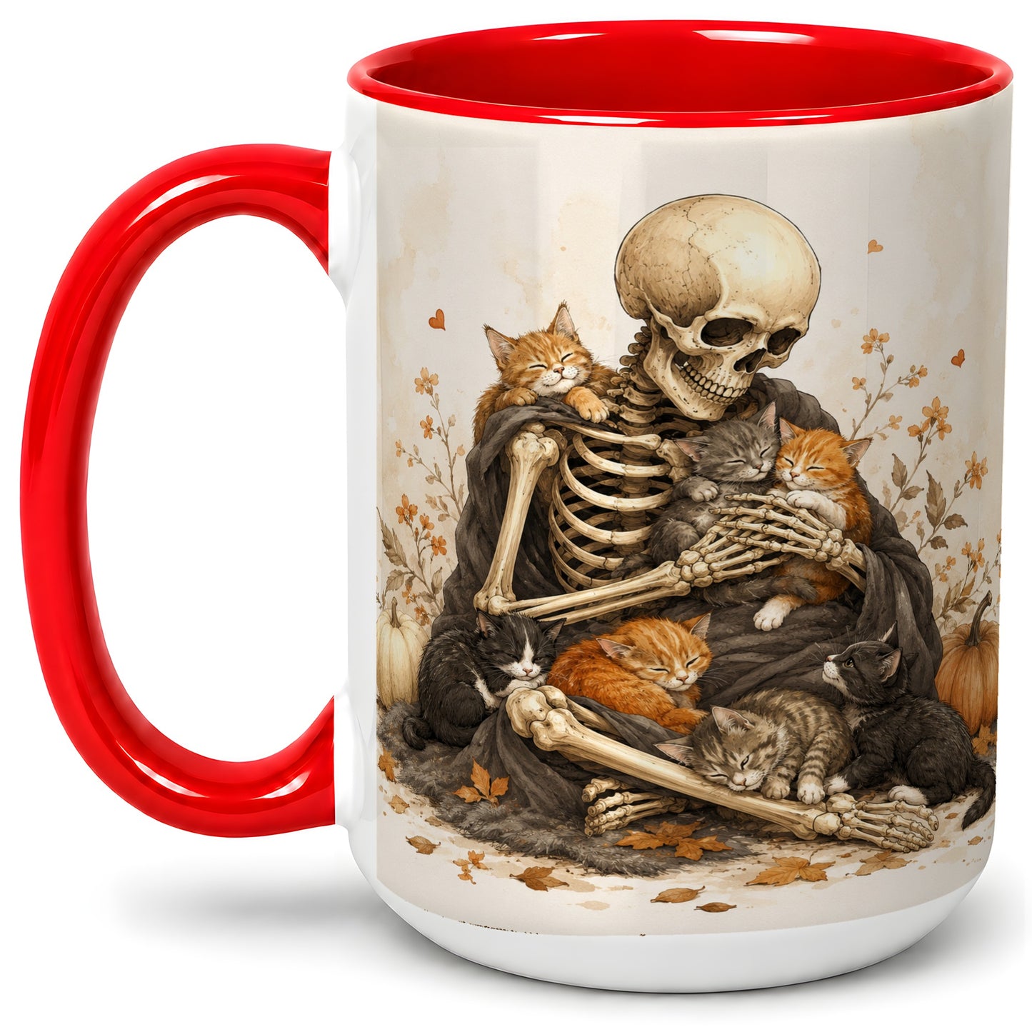 #pl[15oz|Red] Skeleton Cat Cuddle Ceramic Mug, Autumn Kitten Pumpkin Artwork