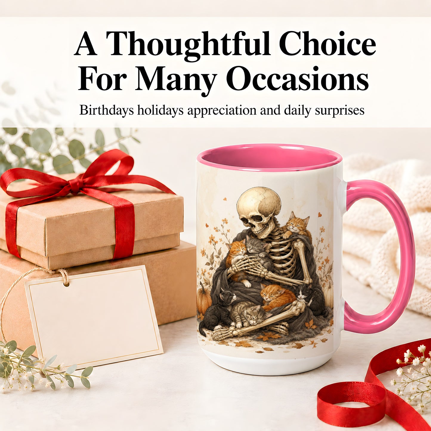 #pl[15oz|Pink] Skeleton Cat Cuddle Ceramic Mug, Autumn Kitten Pumpkin Artwork