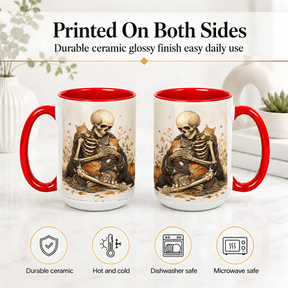 #pl[15oz|Red] Skeleton Cat Cuddle Ceramic Mug, Autumn Kitten Pumpkin Artwork