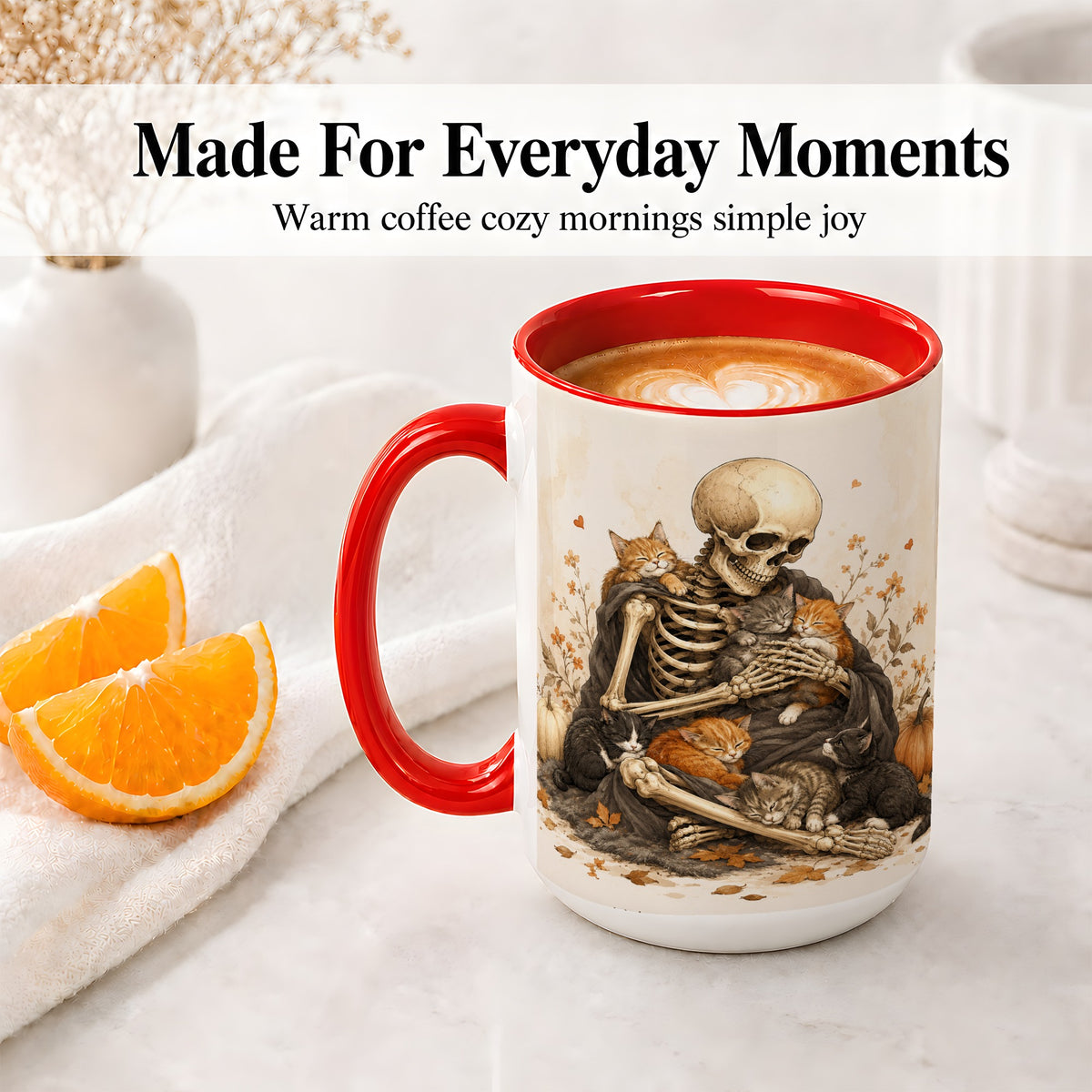 #pl[15oz|Red] Skeleton Cat Cuddle Ceramic Mug, Autumn Kitten Pumpkin Artwork