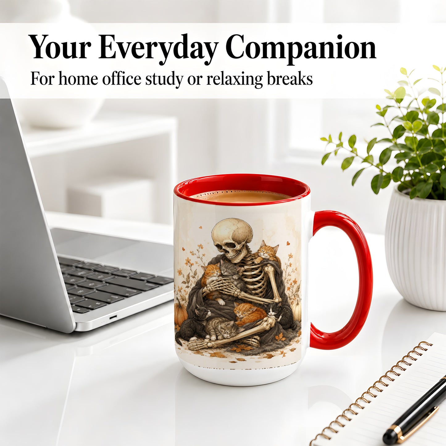 #pl[15oz|Red] Skeleton Cat Cuddle Ceramic Mug, Autumn Kitten Pumpkin Artwork