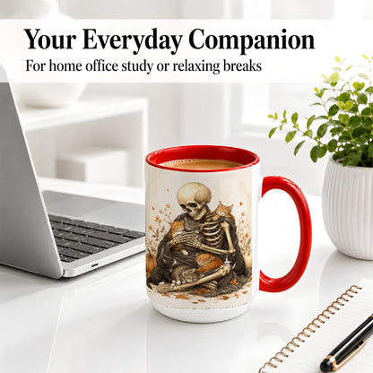 #pl[15oz|Red] Skeleton Cat Cuddle Ceramic Mug, Autumn Kitten Pumpkin Artwork