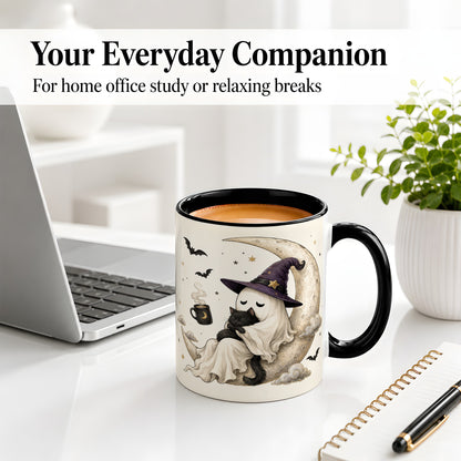 #pl[11oz|Black] Ghost Witch Cat Ceramic Mug, Crescent Moon Halloween Artwork