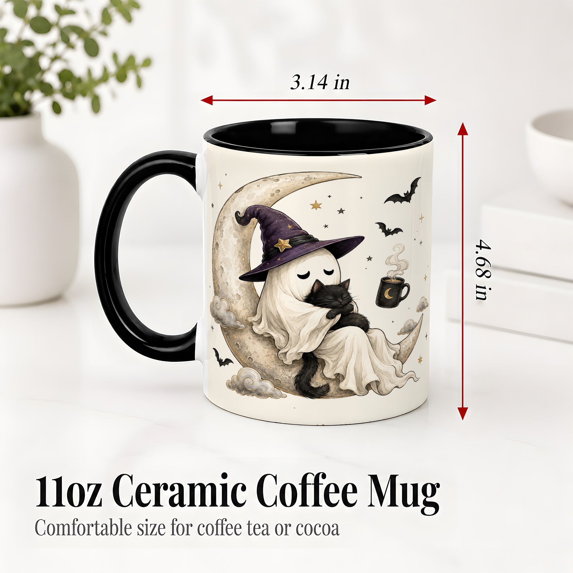 #pl[11oz|Black] Ghost Witch Cat Ceramic Mug, Crescent Moon Halloween Artwork