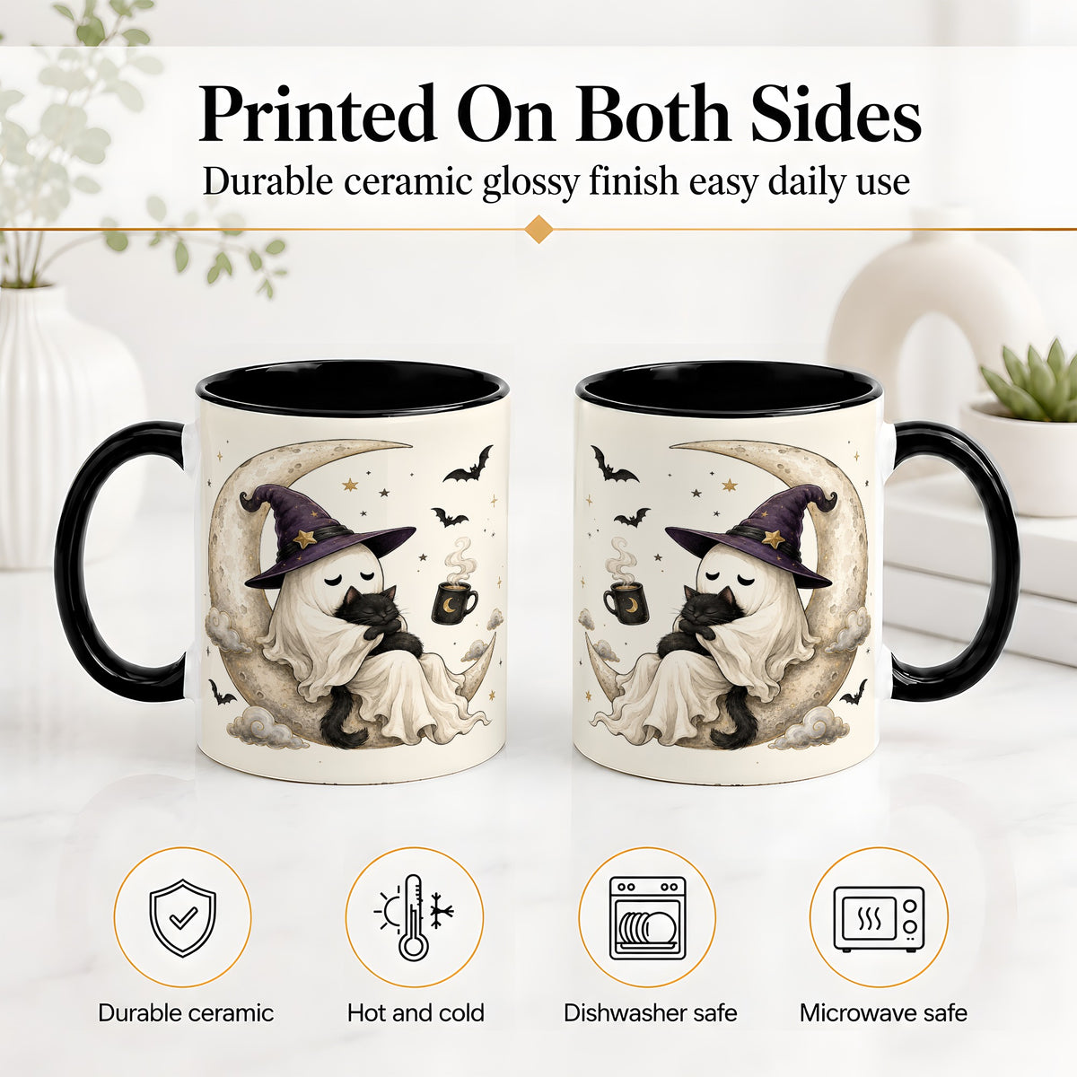 #pl[11oz|Black] Ghost Witch Cat Ceramic Mug, Crescent Moon Halloween Artwork