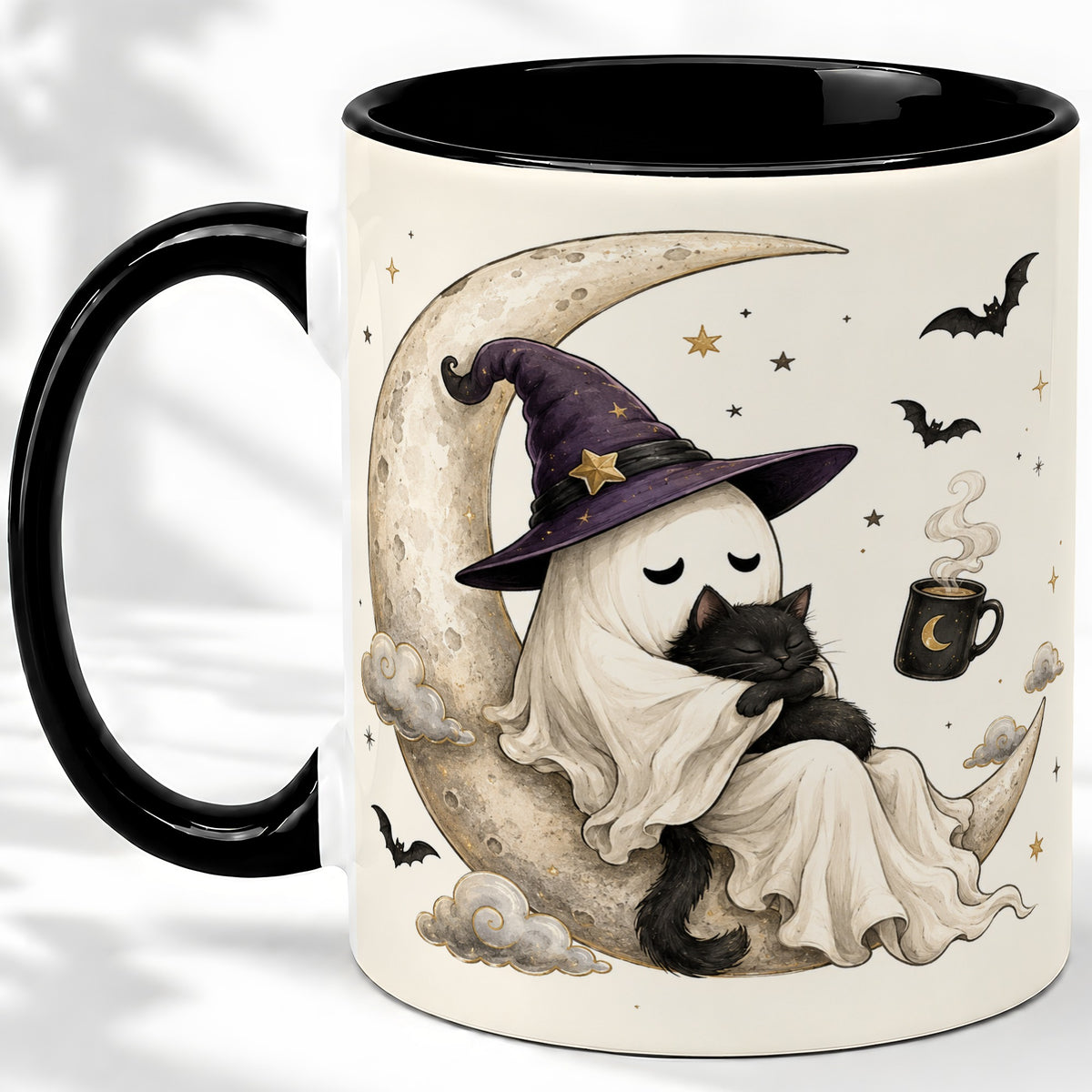 #pl[11oz|Black] Ghost Witch Cat Ceramic Mug, Crescent Moon Halloween Artwork