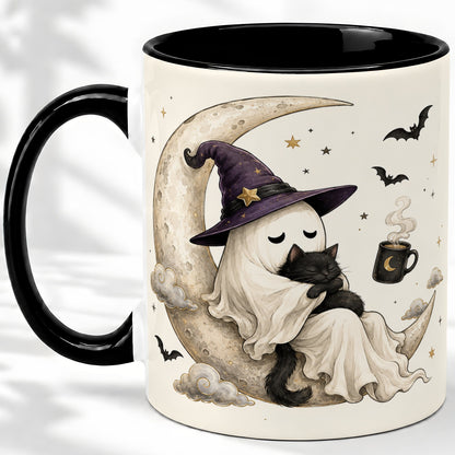 #pl[11oz|Black] Ghost Witch Cat Ceramic Mug, Crescent Moon Halloween Artwork
