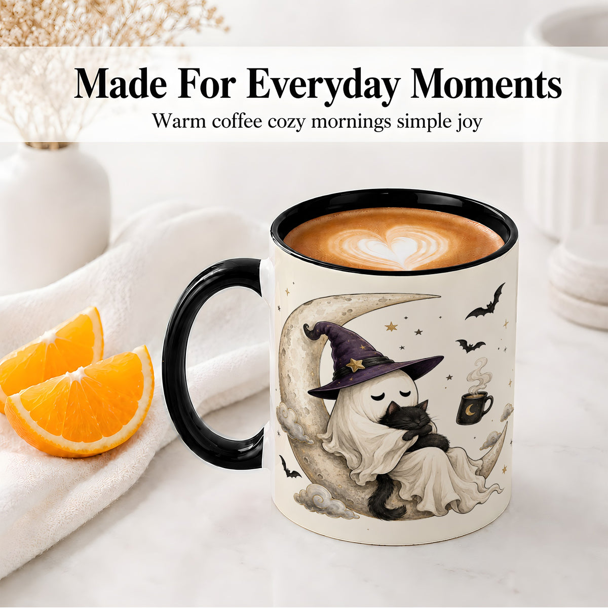 #pl[11oz|Black] Ghost Witch Cat Ceramic Mug, Crescent Moon Halloween Artwork