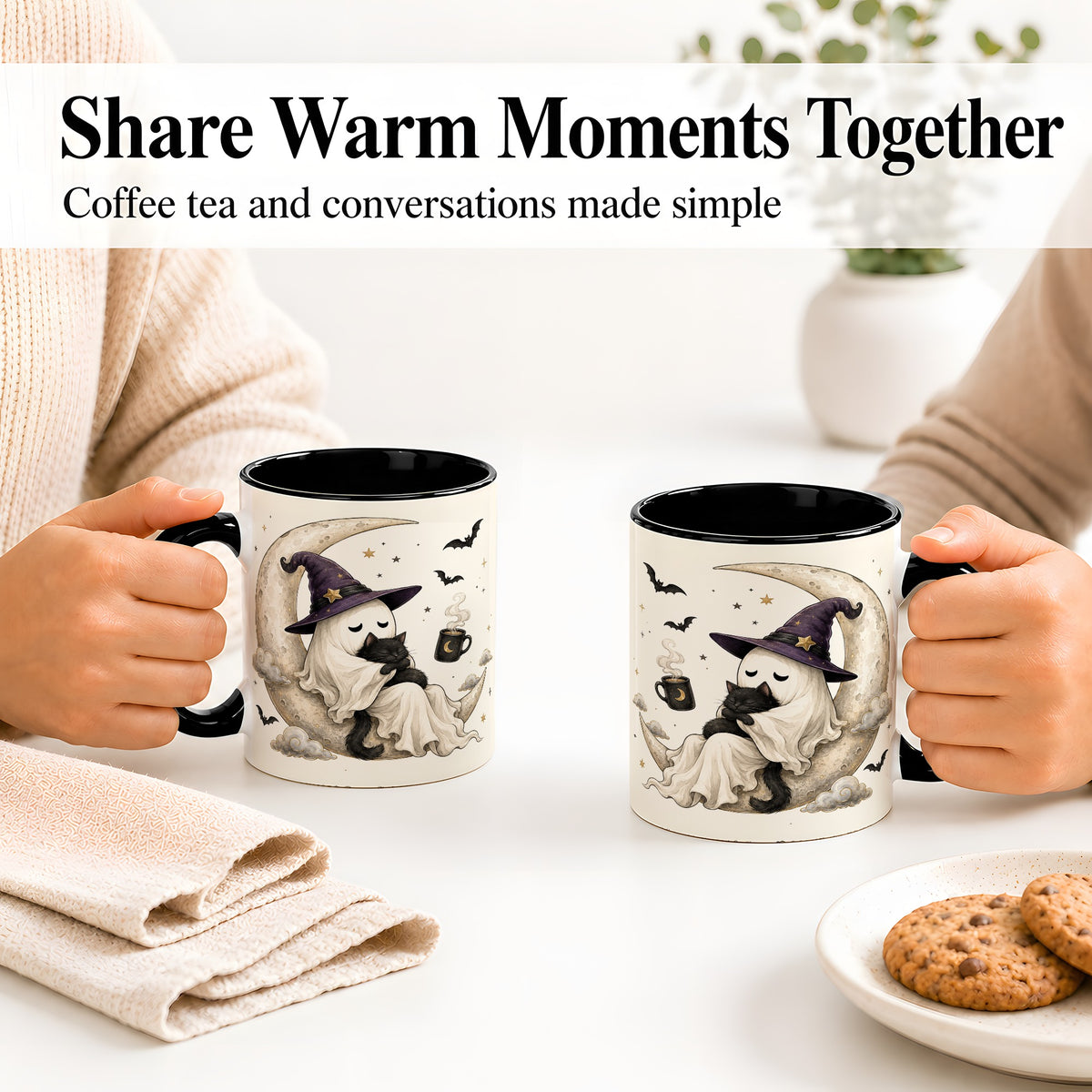 #pl[11oz|Black] Ghost Witch Cat Ceramic Mug, Crescent Moon Halloween Artwork
