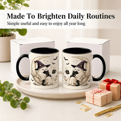 #pl[11oz|Black] Ghost Witch Cat Ceramic Mug, Crescent Moon Halloween Artwork