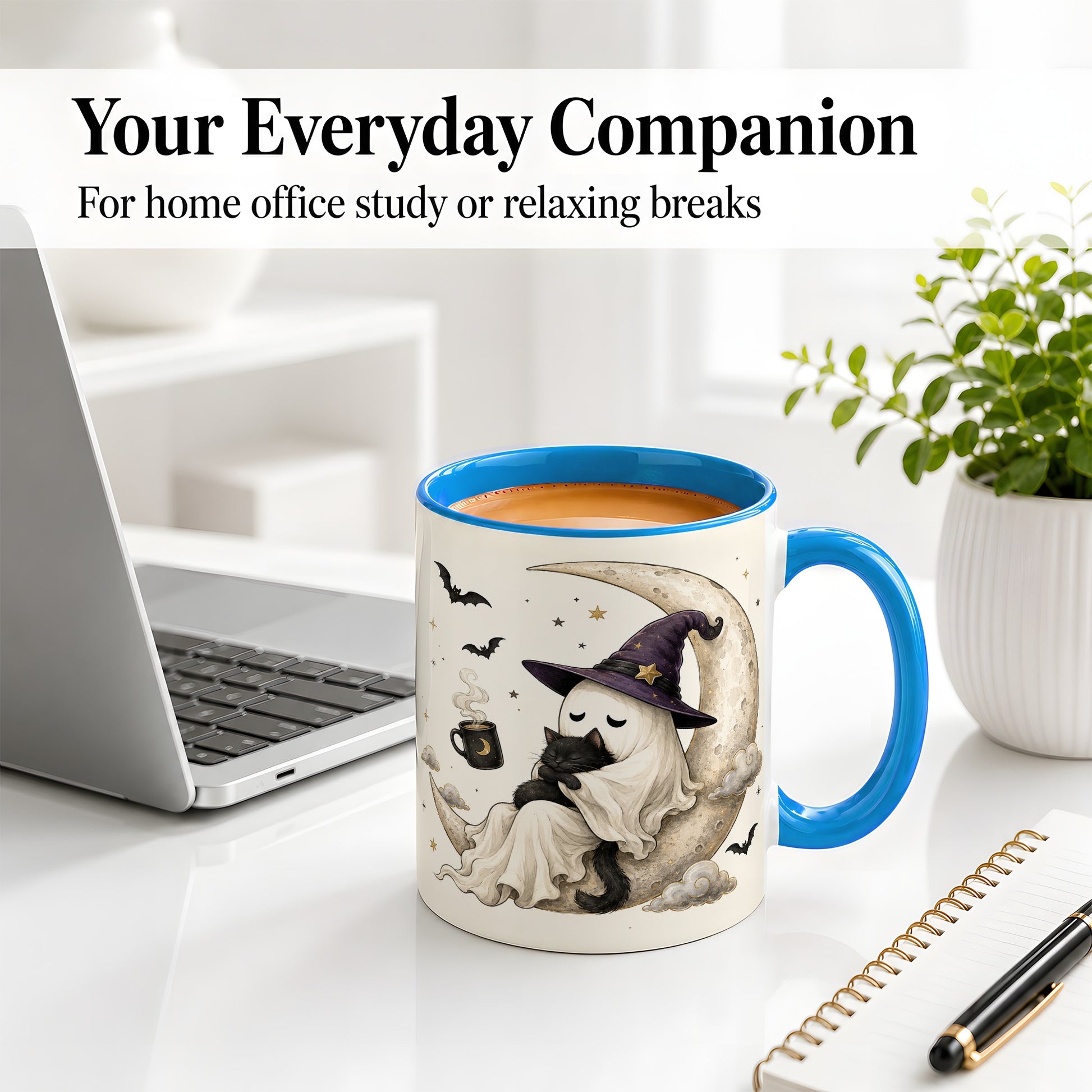 #pl[11oz|Blue] Ghost Witch Cat Ceramic Mug, Crescent Moon Halloween Artwork