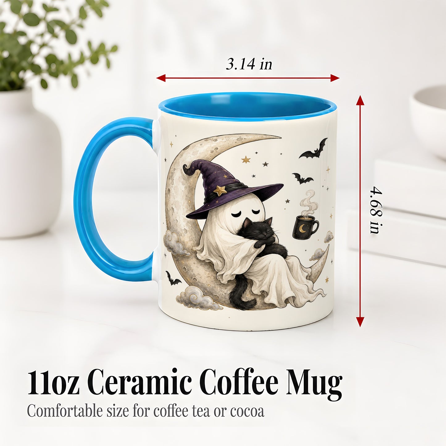 #pl[11oz|Blue] Ghost Witch Cat Ceramic Mug, Crescent Moon Halloween Artwork