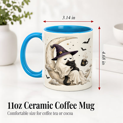 #pl[11oz|Blue] Ghost Witch Cat Ceramic Mug, Crescent Moon Halloween Artwork