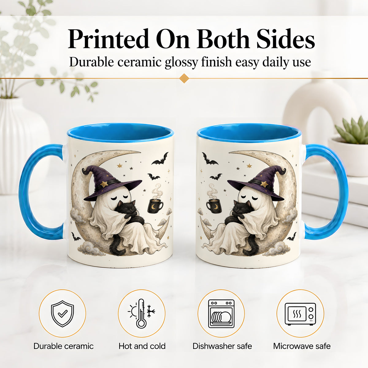 #pl[11oz|Blue] Ghost Witch Cat Ceramic Mug, Crescent Moon Halloween Artwork