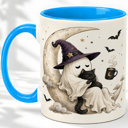 #pl[11oz|Blue] Ghost Witch Cat Ceramic Mug, Crescent Moon Halloween Artwork