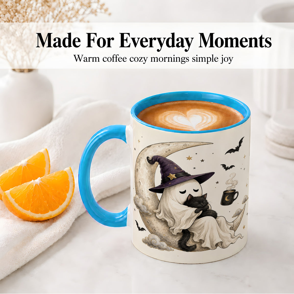 #pl[11oz|Blue] Ghost Witch Cat Ceramic Mug, Crescent Moon Halloween Artwork