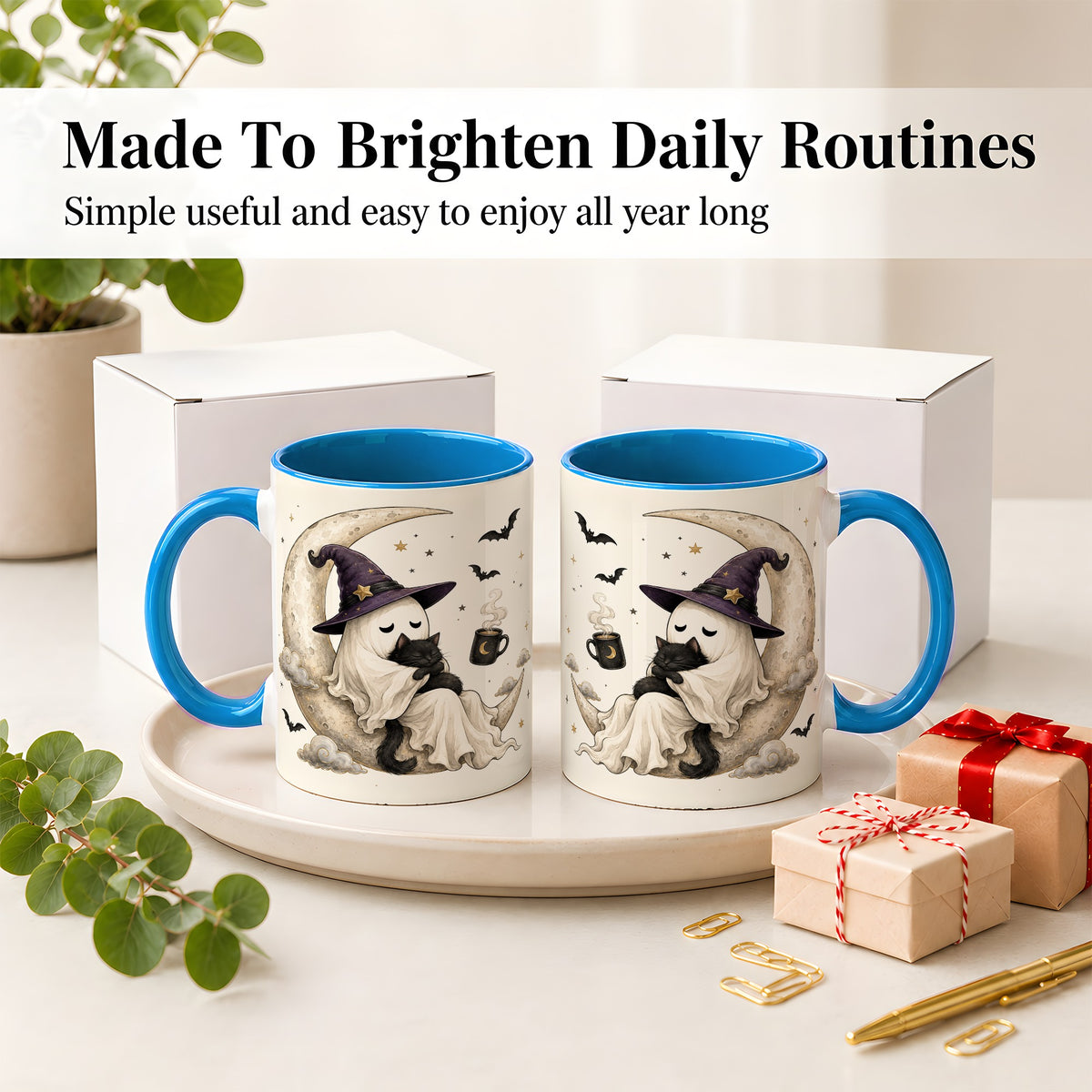 #pl[11oz|Blue] Ghost Witch Cat Ceramic Mug, Crescent Moon Halloween Artwork