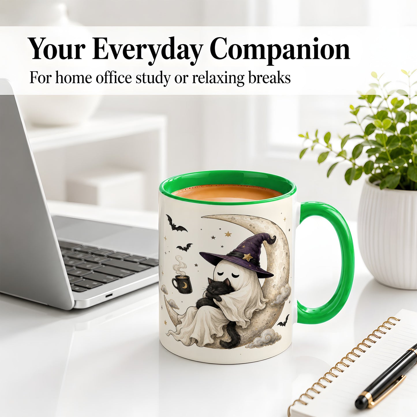 #pl[11oz|Green] Ghost Witch Cat Ceramic Mug, Crescent Moon Halloween Artwork