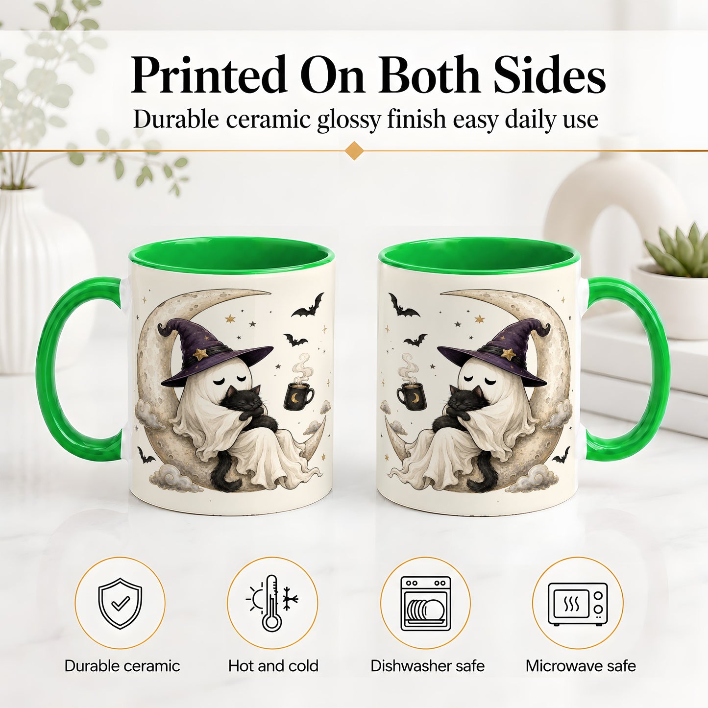 #pl[11oz|Green] Ghost Witch Cat Ceramic Mug, Crescent Moon Halloween Artwork