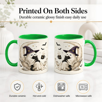 #pl[11oz|Green] Ghost Witch Cat Ceramic Mug, Crescent Moon Halloween Artwork